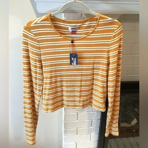#48 Tommy Jeans NWT Sz Large Mustard & Whits striped Top - Picture 2 of 5